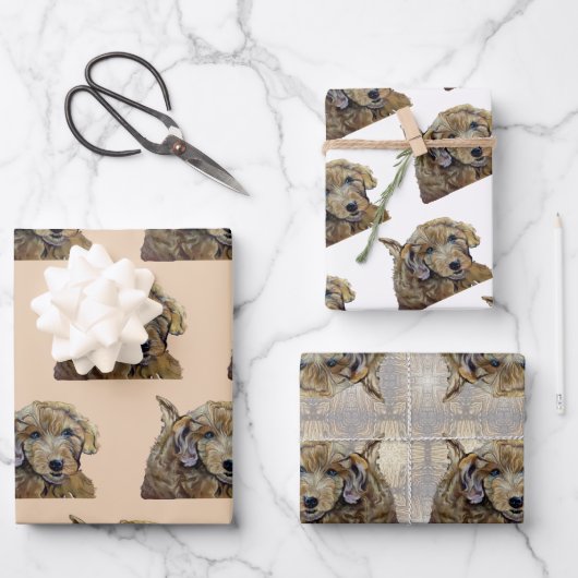 Adorable Apricot Goldendoodle Welpenpastel Zeichne Geschenkpapier Set (Vorderseite)