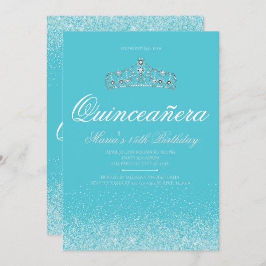 Adorable Aqua Glitzer, Einladungen zur Quinceanera (Vorne/Hinten)