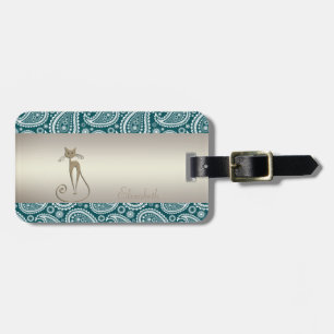 Adorable Aquamarin Blue, White Paisley, Cat -Perso Gepäckanhänger