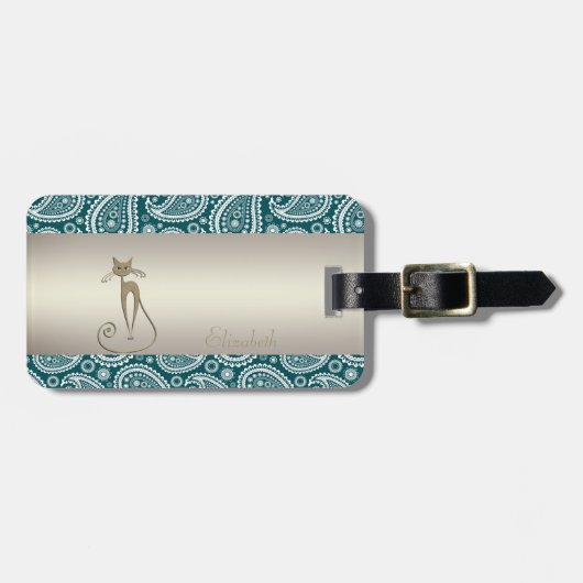 Adorable Aquamarin Blue, White Paisley, Cat -Perso Gepäckanhänger (Vorderseite horizontal)