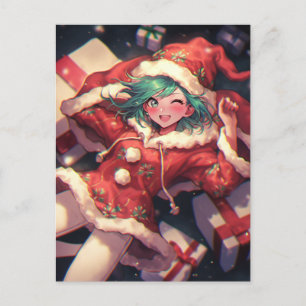 Adorable aufgeregte Weihnachtsmädchen und Geschenk Feiertagspostkarte