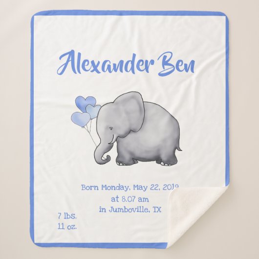 Adorable Baby Blue Birth Stats Kinderzimmer Elepha Sherpadecke (Vorderseite)