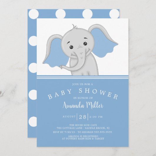 Adorable Baby Boy Elephant Baby Dusche Einladung (Vorne/Hinten)