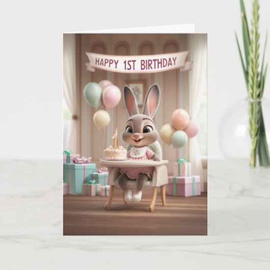 Adorable Baby Bunny First Birthday Celebration Karte (Vorderseite)