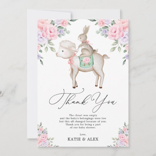Adorable Baby Bunny & Lamb Pink Purple Blumen Dankeskarte (Vorderseite)
