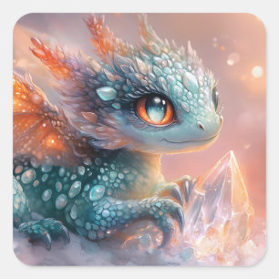 Adorable Baby Dragon mit Kristallgedicht Quadratischer Aufkleber