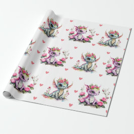 Adorable Baby Dragons & Hearts auf weißem Valentin Geschenkpapier
