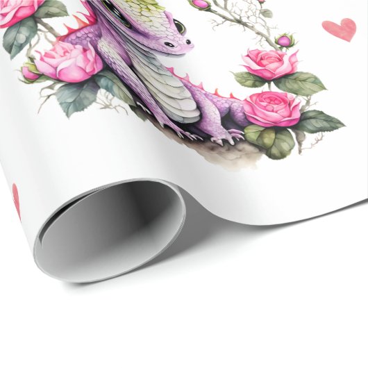 Adorable Baby Dragons & Hearts auf weißem Valentin Geschenkpapier (Rolleneckpunkt)