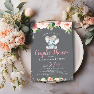 Adorable Baby Elefant Rosa Blumenpaare Dusche Einladung