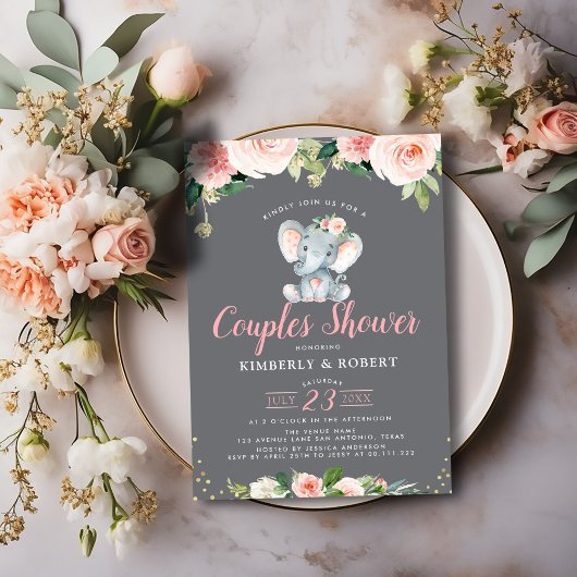 Adorable Baby Elefant Rosa Blumenpaare Dusche Einladung