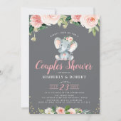 Adorable Baby Elefant Rosa Blumenpaare Dusche Einladung (Vorderseite)