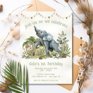 Adorable Baby Elephant 1. Geburtstag Party Einladung