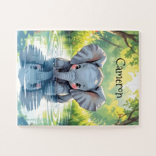 Adorable Baby Elephant and Reflection Personalized Puzzle (Horizontal)