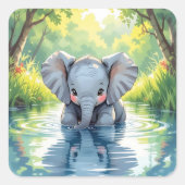 Adorable Baby Elephant and Reflection Quadratischer Aufkleber (Vorderseite)