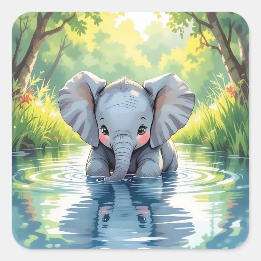 Adorable Baby Elephant and Reflection Quadratischer Aufkleber (Vorderseite)