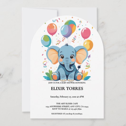 Adorable Baby Elephant Balloons Babydusche Einladung (Vorderseite)