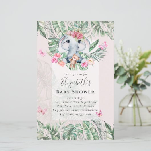 Adorable Baby Elephant Girls Baby Dusche lädt ein (Stehend Vorderseite)