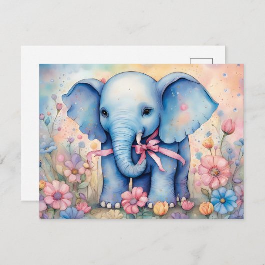 Adorable Baby Elephant in einem pastellfarbenen Ga Postkarte (Vorne/Hinten)