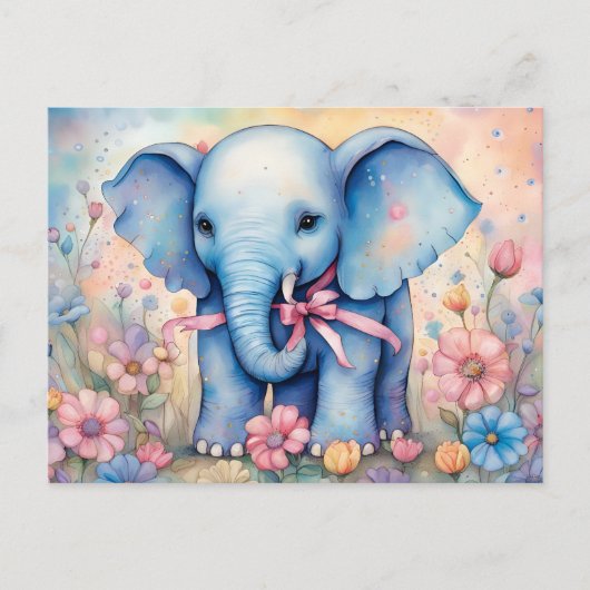Adorable Baby Elephant in einem pastellfarbenen Ga Postkarte (Vorderseite)