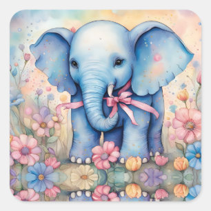 Adorable Baby Elephant in einem pastellfarbenen Ga Quadratischer Aufkleber