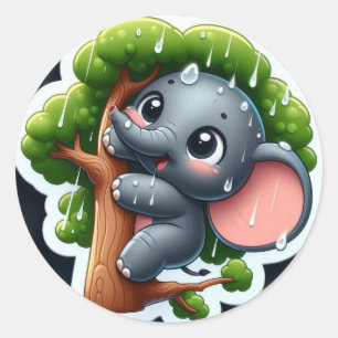 Adorable Baby Elephant in Rainy Tree Runder Aufkleber