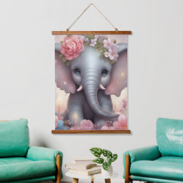 Adorable Baby Elephant mit Blume Wandteppich Mit Holzrahmen