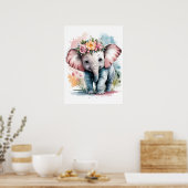Adorable Baby Elephant mit Blumenkronen Poster (Küche)