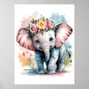 Adorable Baby Elephant mit Blumenkronen Poster