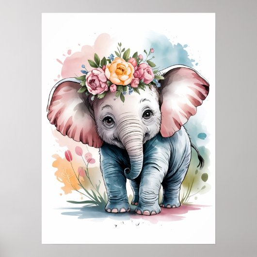 Adorable Baby Elephant mit Blumenkronen Poster (Vorne)