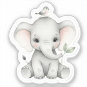 Adorable Baby Elephant mit Vogel und Leaf Aufkleber (Vorderseite)