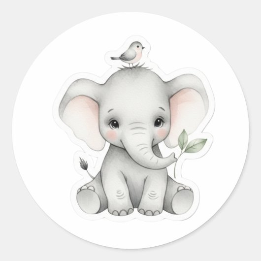 Adorable Baby Elephant mit Vogel und Leaf Runder Aufkleber (Vorderseite)