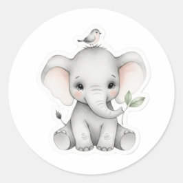 Adorable Baby Elephant mit Vogel und Leaf Runder Aufkleber