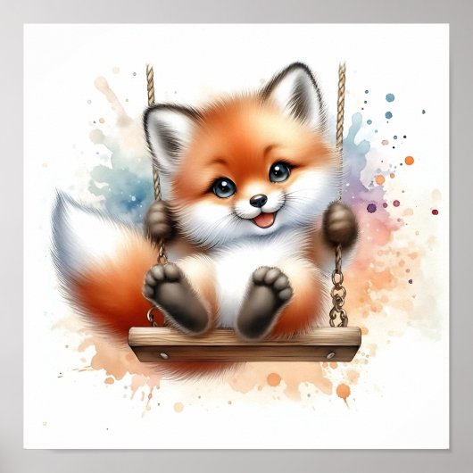 Adorable Baby Fox auf einem Swing Watercolor-Kinde Poster (Vorne)