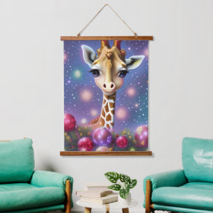 Adorable Baby Giraffe mit Holly und Glitzer Wandteppich Mit Holzrahmen