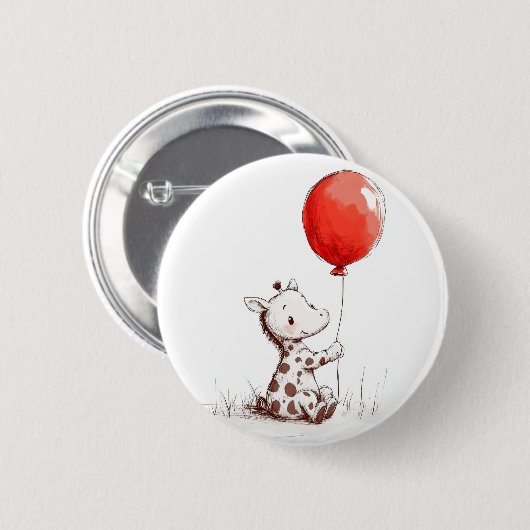 Adorable Baby Giraffe mit Red Balloon Abzeichen Button (Vorne & Hinten)