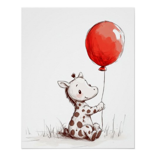 Adorable Baby Giraffe mit Red Balloon Poster (Vorderseite)