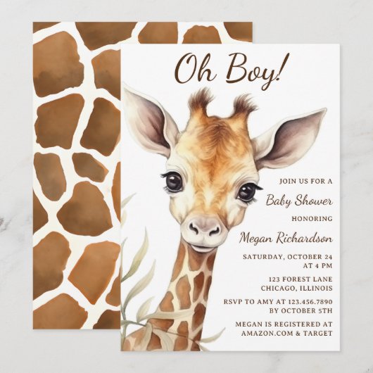 Adorable Baby Giraffe Oh Boy Baby Dusche Einladung (Vorne/Hinten)