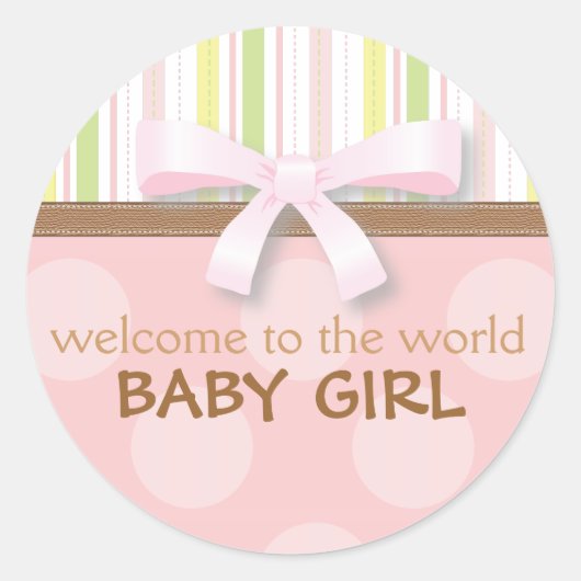 Adorable Baby Girl Stripes + Dots Pink Green w Bow Runder Aufkleber (Vorderseite)