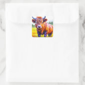 Adorable Baby Highland Cow auf einem Bauernhof Quadratischer Aufkleber (Tasche)