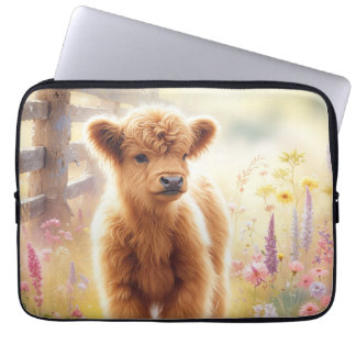 Adorable Baby Highland Cow In Flower Field Laptopschutzhülle