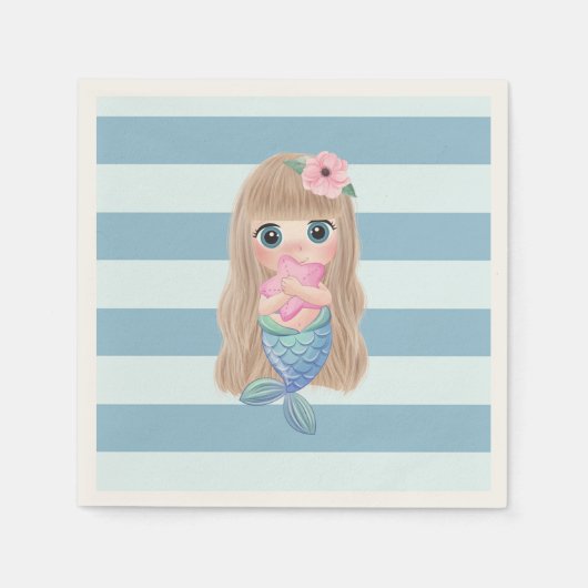 Adorable Baby Mermaid auf hellblauen Streifen Serviette (Vorderseite)