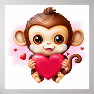 Adorable Baby Monkey hält ein rotes Herz Poster