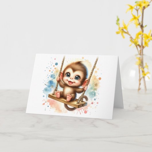 Adorable Baby Monkey Wasserfarbe Jede Anlässe Karte (Gelbe Blume)