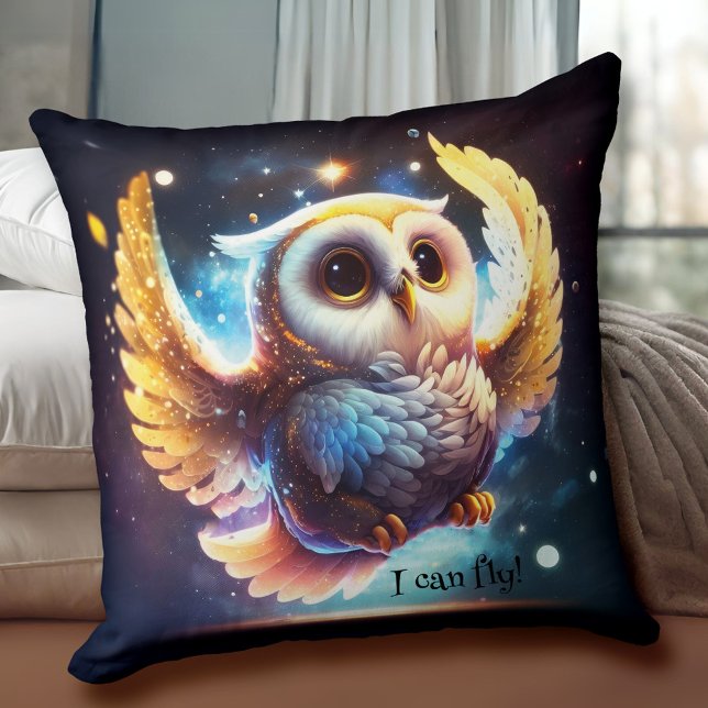 Adorable Baby Owl Bird Kissen (Pillow featuring a cute little owl learning to fly. An adorable pillow for a child's room.)