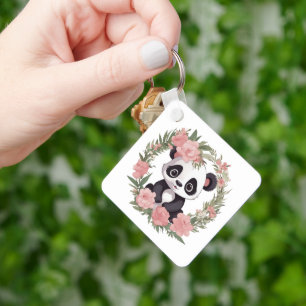 Adorable Baby Panda Bär mit Blume Schlüsselanhänger