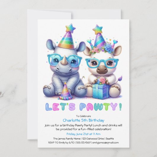 Adorable Baby Rhino Birthday - Blue Glitzer Einladung (Vorderseite)