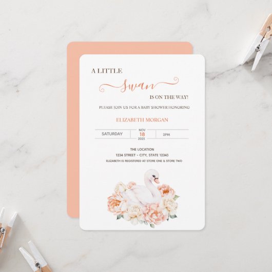 Adorable Baby Swan Rose Babydusche Einladung (Vorderseite/Rückseite Beispiel)
