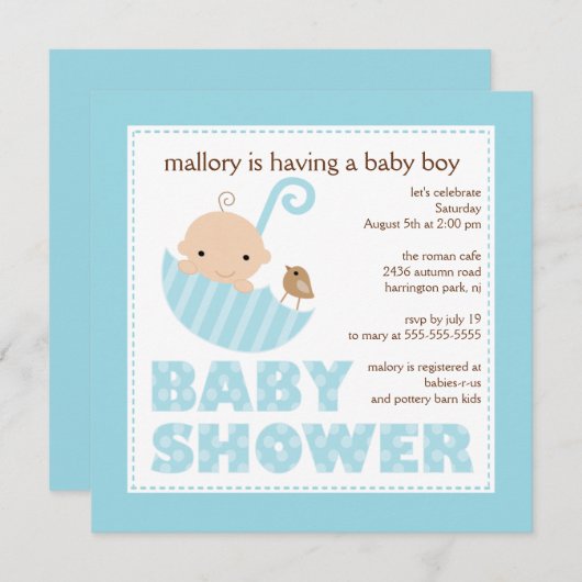 Adorable Baby Umbrella Boy Baby Dusche Einladung (Vorne/Hinten)