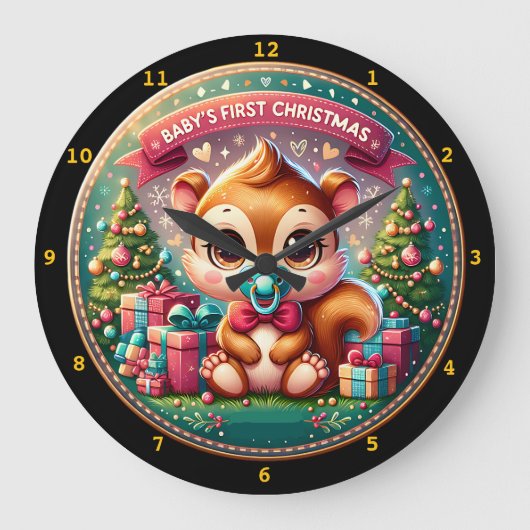 Adorable Baby's erste Weihnachtsdekoration Große Wanduhr (Vorderseite)