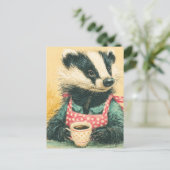 Adorable Badger mit Kaffee Red Polka Dot Schürze Postkarte (Stehend Vorderseite)